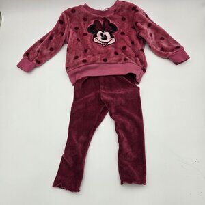 Disney Minnie Mouse 2-Piece Toddler Outfit 18M Pink Polka Dot Plush Top & Velour